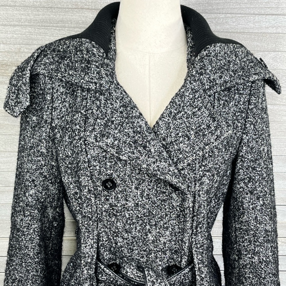 CALVIN KLEIN Tweed Wool Blend Coat w Belt Black & White-Small - Picture 2 of 6
